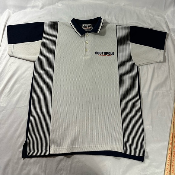 VINTAGE Y2K BAGGY SOUTHPOLE EXTREME GEAR WHITE POLO SHIRT EMBROIDERED WHITE/NAVY - Picture 1 of 10